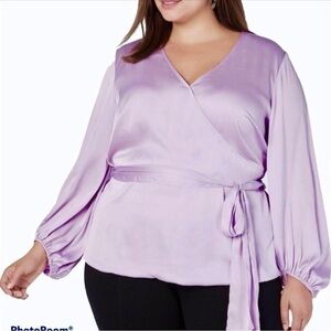 INC Top Satin Purple Faux Wrap Belted Lavender 3X Cocktail Party Dressy Blouse